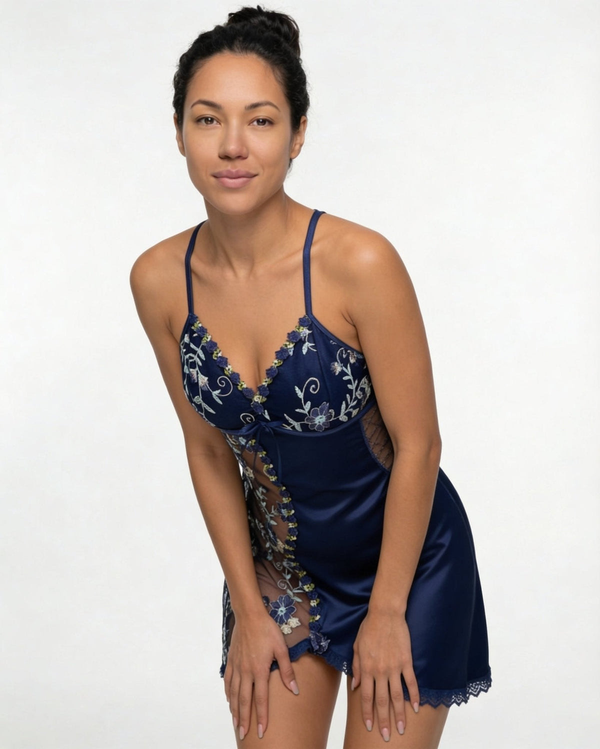 Floral Embroidered Mesh Satin Chemise | Lace Trim Lingerie Nightdress | Nova Muse