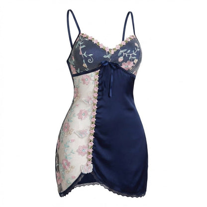 Floral Embroidered Mesh Satin Chemise | Lace Trim Lingerie Nightdress | Nova Muse