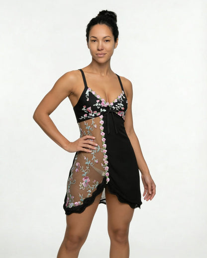 Floral Embroidered Mesh Satin Chemise | Lace Trim Lingerie Nightdress | Nova Muse