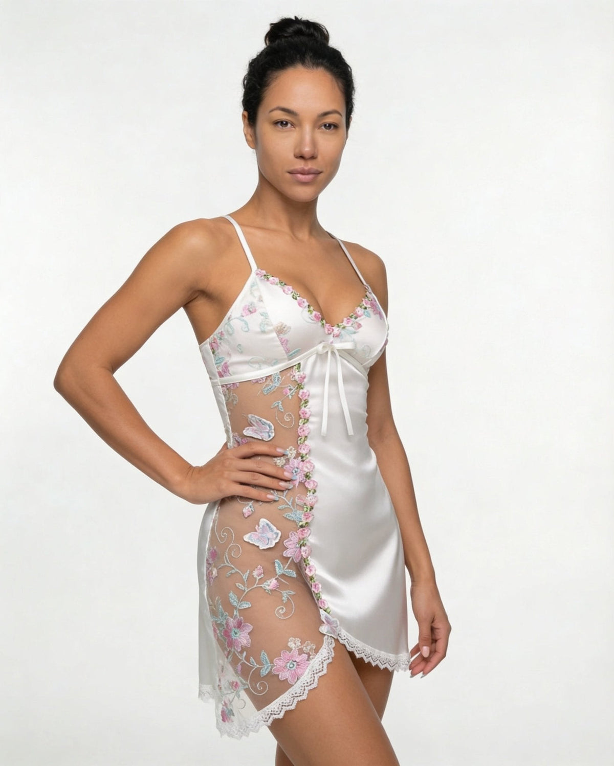 Floral Embroidered Mesh Satin Chemise | Lace Trim Lingerie Nightdress | Nova Muse