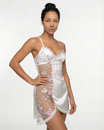 Floral Embroidered Mesh Satin Chemise | Lace Trim Lingerie Nightdress | Nova Muse