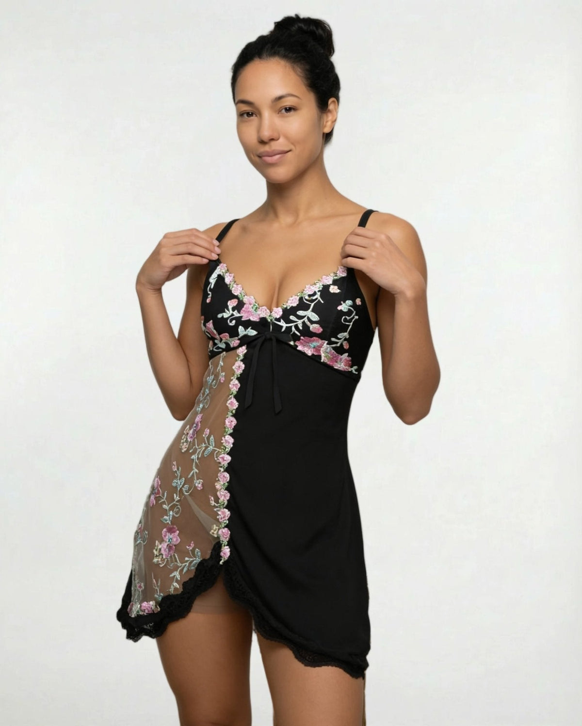 Floral Embroidered Mesh Satin Chemise | Lace Trim Lingerie Nightdress | Nova Muse