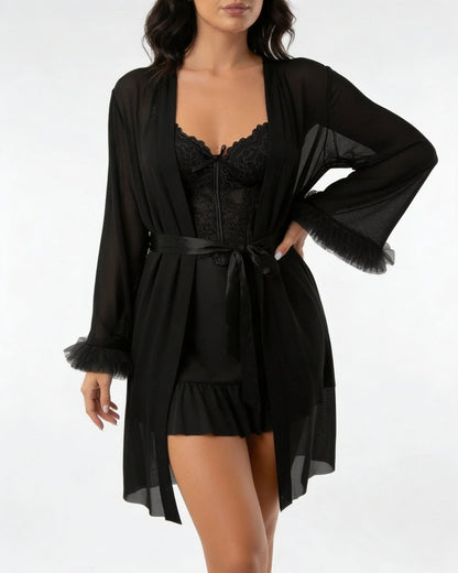 Lace Chemise & Robe Set | Women | Sheer Lingerie | Elegant Nightwear Set | Nova Muse