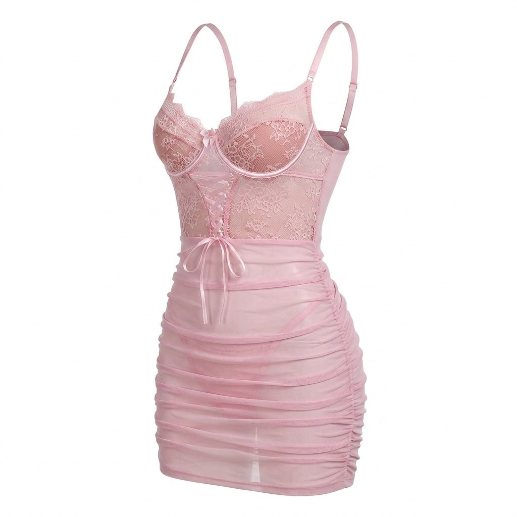 Lace Underwired Ruched Mesh Mini Chemise | Sheer Lingerie Nightdress | Nova Muse
