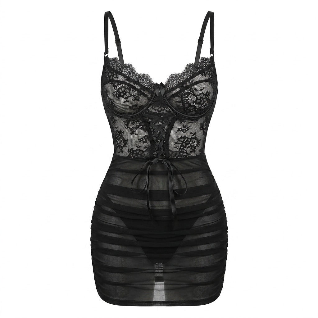 Lace Underwired Ruched Mesh Mini Chemise | Sheer Lingerie Nightdress | Nova Muse