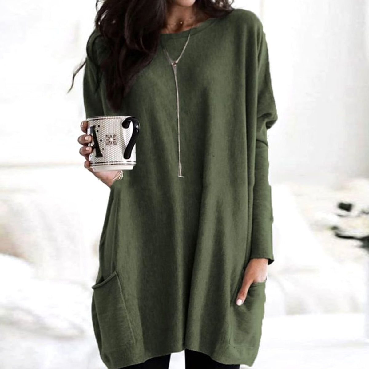 Oversized Tunic Sweater | Womens Crew Neck Knit | Patch Pockets | Relaxed Winter Style | Nova Muse