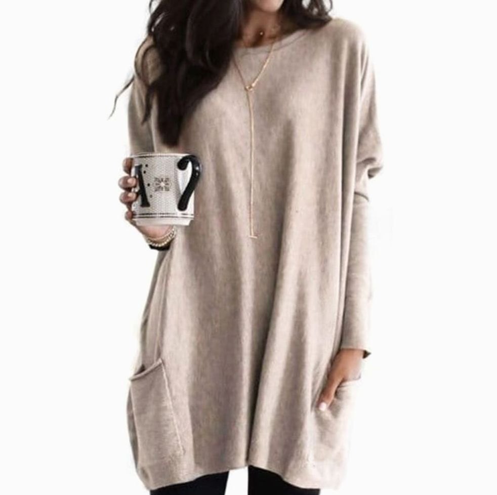 Oversized Tunic Sweater | Womens Crew Neck Knit | Patch Pockets | Relaxed Winter Style | Nova Muse