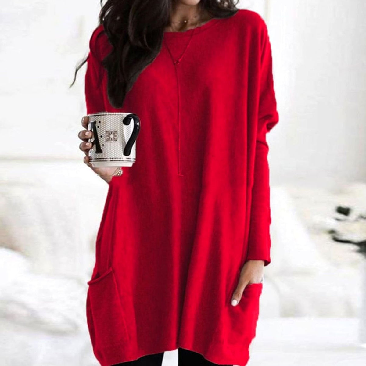 Oversized Tunic Sweater | Womens Crew Neck Knit | Patch Pockets | Relaxed Winter Style | Nova Muse