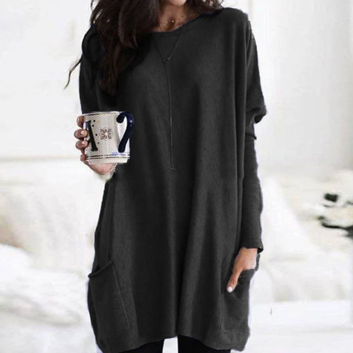 Oversized Tunic Sweater | Womens Crew Neck Knit | Patch Pockets | Relaxed Winter Style | Nova Muse