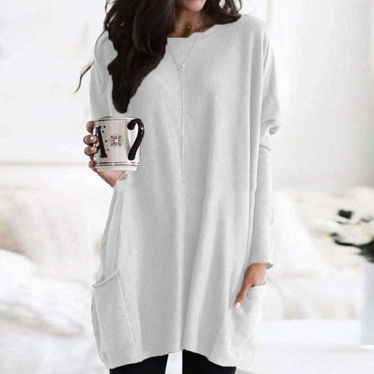 Oversized Tunic Sweater | Womens Crew Neck Knit | Patch Pockets | Relaxed Winter Style | Nova Muse