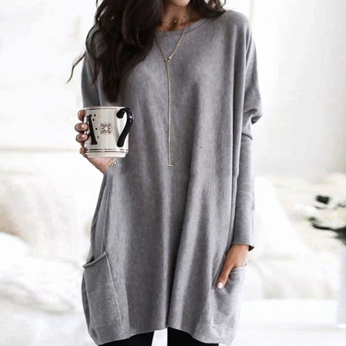 Oversized Tunic Sweater | Womens Crew Neck Knit | Patch Pockets | Relaxed Winter Style | Nova Muse