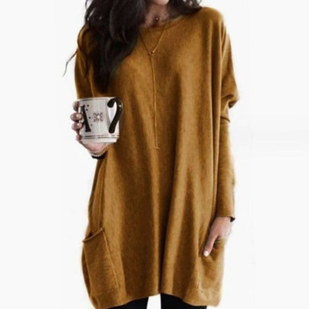 Oversized Tunic Sweater | Womens Crew Neck Knit | Patch Pockets | Relaxed Winter Style | Nova Muse