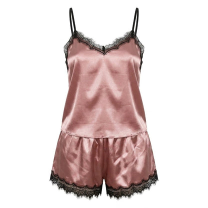 Satin Lace Trim Pyjama Set | Women | Cami & Shorts | Adjustable Straps | Nova Muse