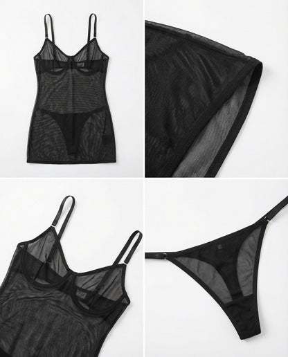 See Through Mesh Chemise | Thong Set | Sheer Lingerie Nightdress | Nova Muse